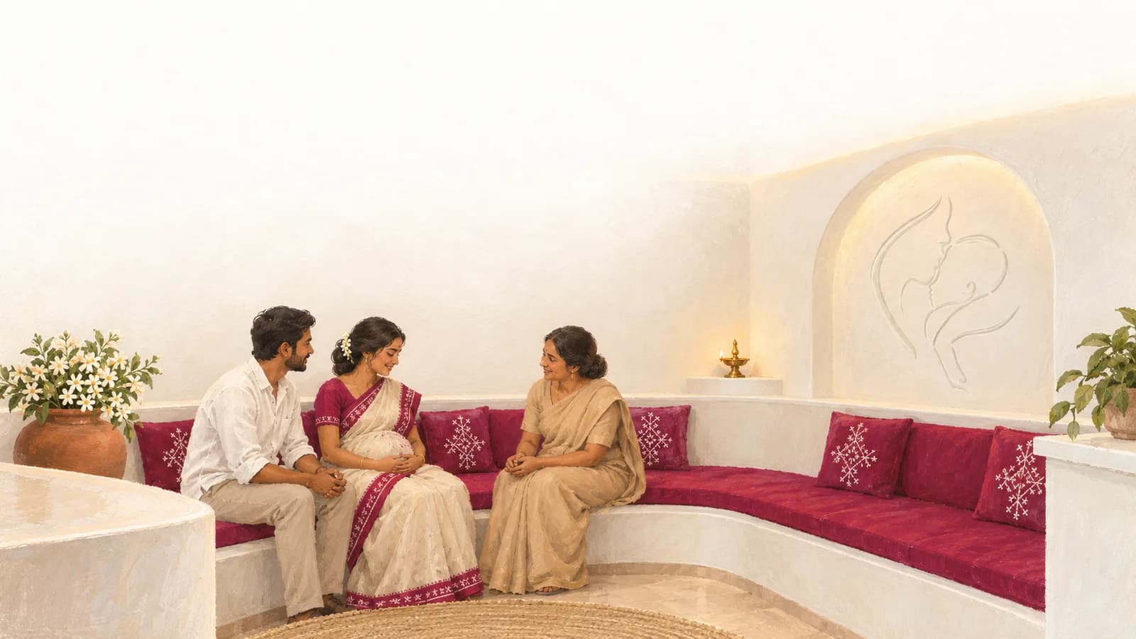 Painted Vatsalya reception: white walls, the carved mother-and-child relief under warm light, jasmine, and a family talking on the curved bench