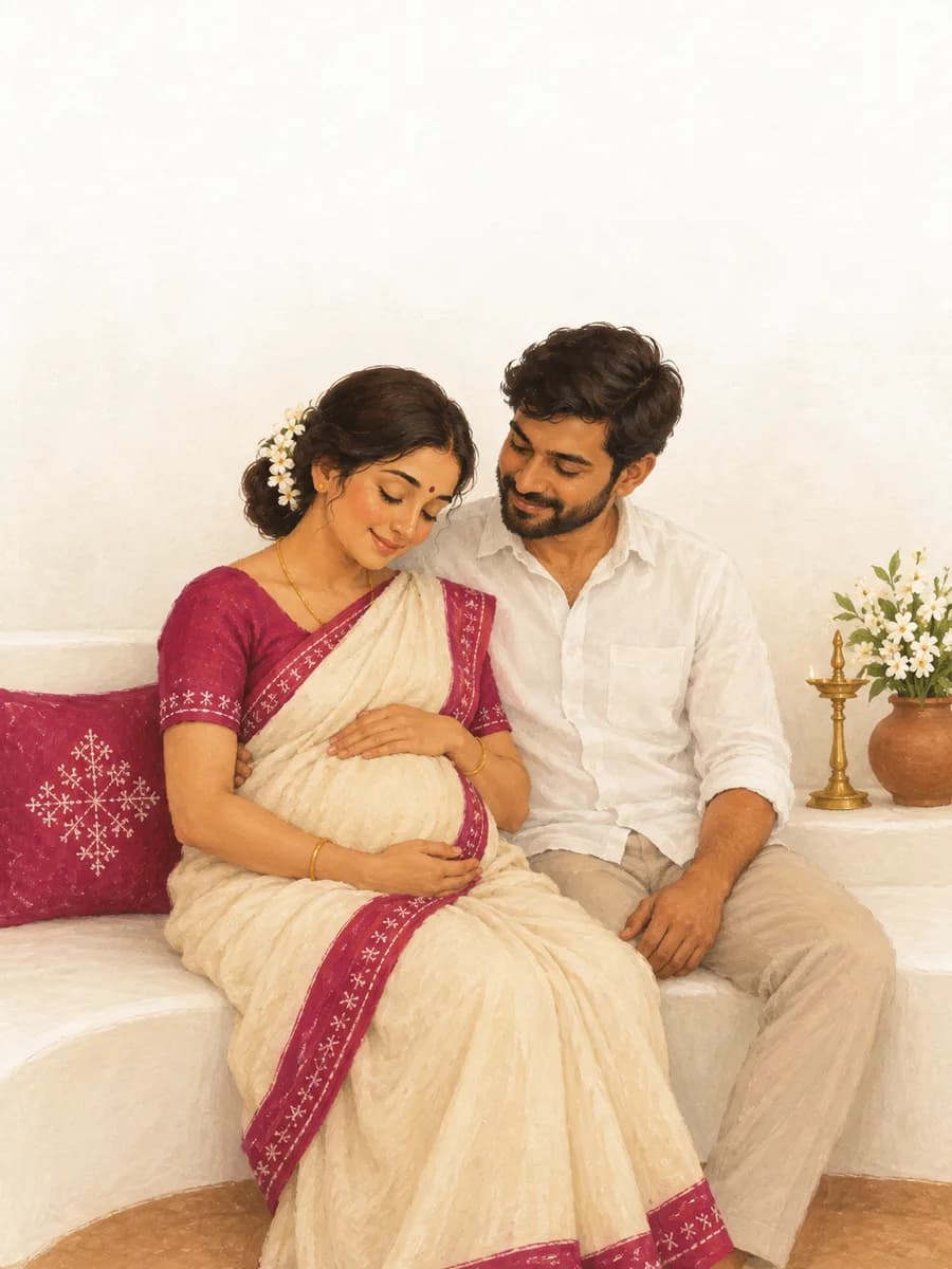 Painted expecting couple seated on the clinic bench, the wife resting a hand on her belly